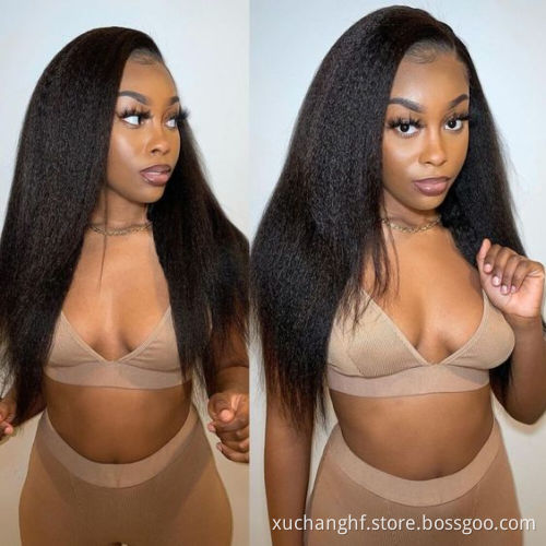 Kinky Straight Full Lace Wig Bleached Knots Human Hair Pre Plucked Yaki Hair Lace Wig with Bangs Transparent Lace Front Wigs